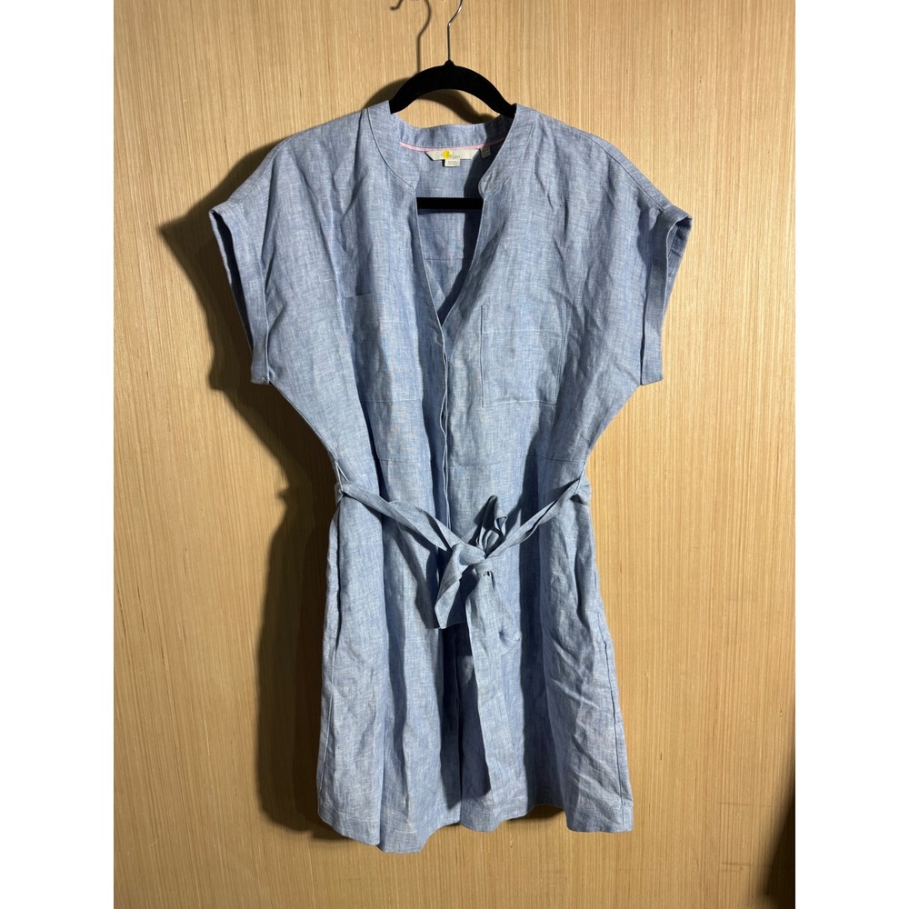Boden Women Blue Linen Short Sleeve Belted Shirt Dress Pockets US 10P UK 14P